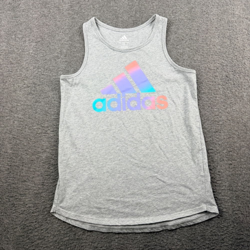 Adidas Girls Gray Racerback Tank Top Kids Large 14 Iridescent Logo Sleeveless